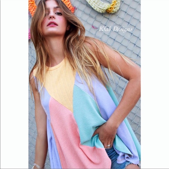 LAST 1! Multi Color Soft Color Block Waffle Knit Out-Seam Overlock Top! - Picture 7 of 8